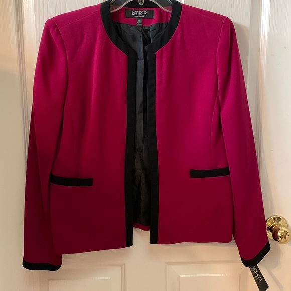 KASPER deep magenta raspberry open front black trim blazer jacket - Picture 2 of 7